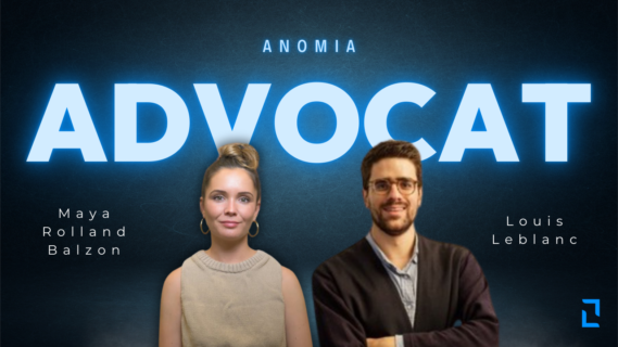 Visuel promotionnel du programme ADVOCAT par Anomia, mettant en avant Maya Rolland Balzon et Louis Leblanc. Design moderne avec un fond bleu texturé, un titre lumineux et les portraits des intervenants. Logo Anomia en haut et élément graphique en bas à droite.